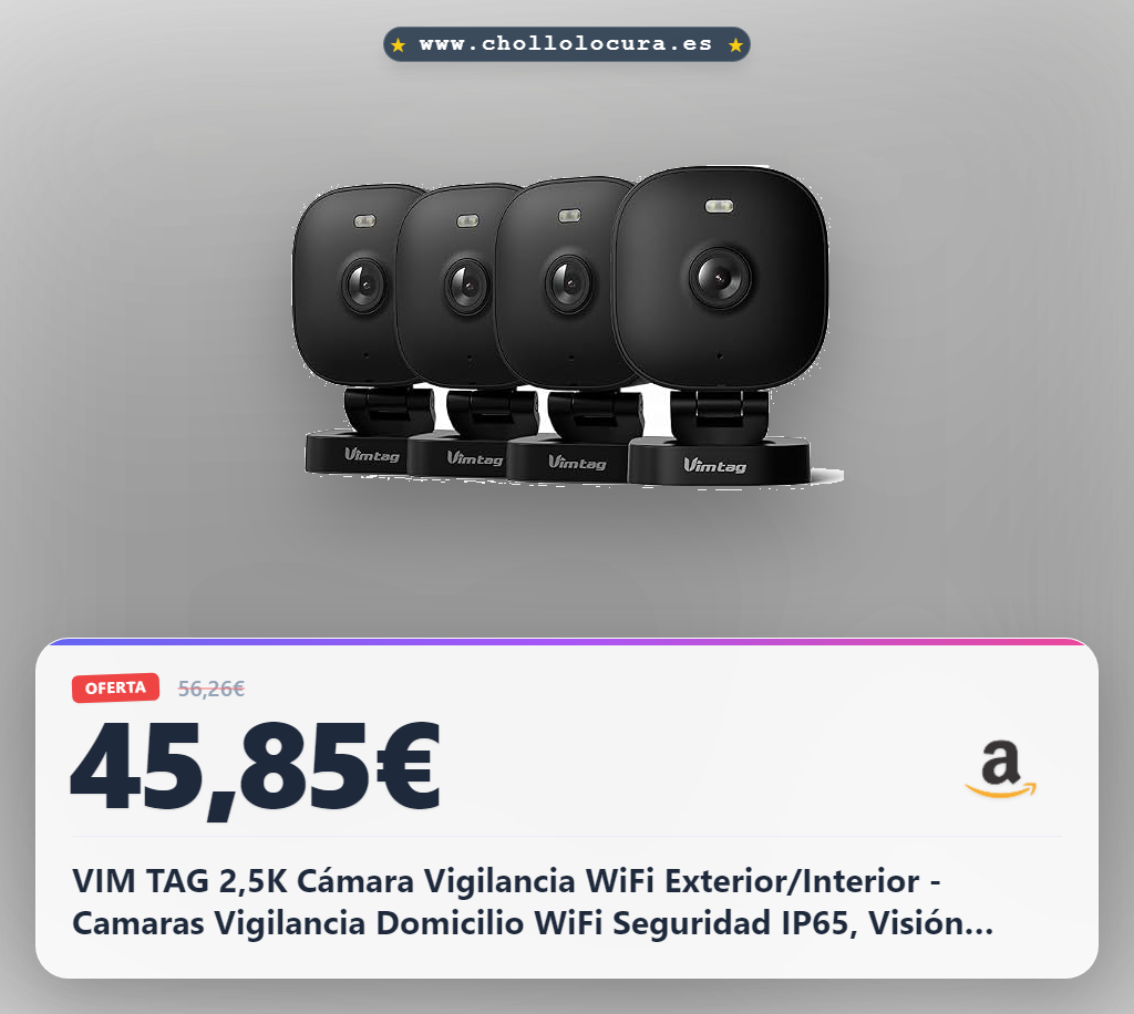 VIM TAG 2,5K Cámara Vigilancia WiFi Exterior/Interior - Camaras Vigilancia Domicilio WiFi Seguridad IP65, Visión Nocturna Color, Detección Humana, Sirena, 24/7 Grabación Continua, Compatible Alexa