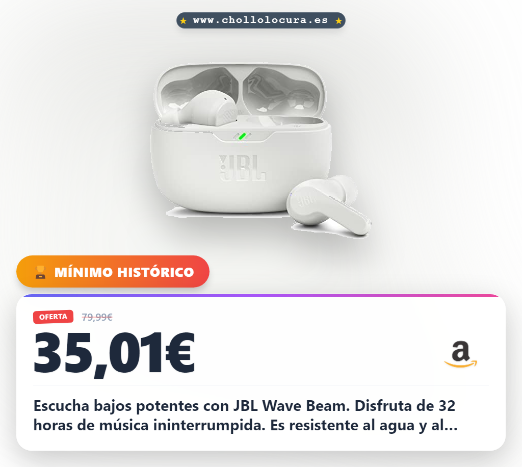 Aprovecha los auriculares JBL Wave Beam con bajos potentes y 32 horas de batería IP54 en oferta histórica