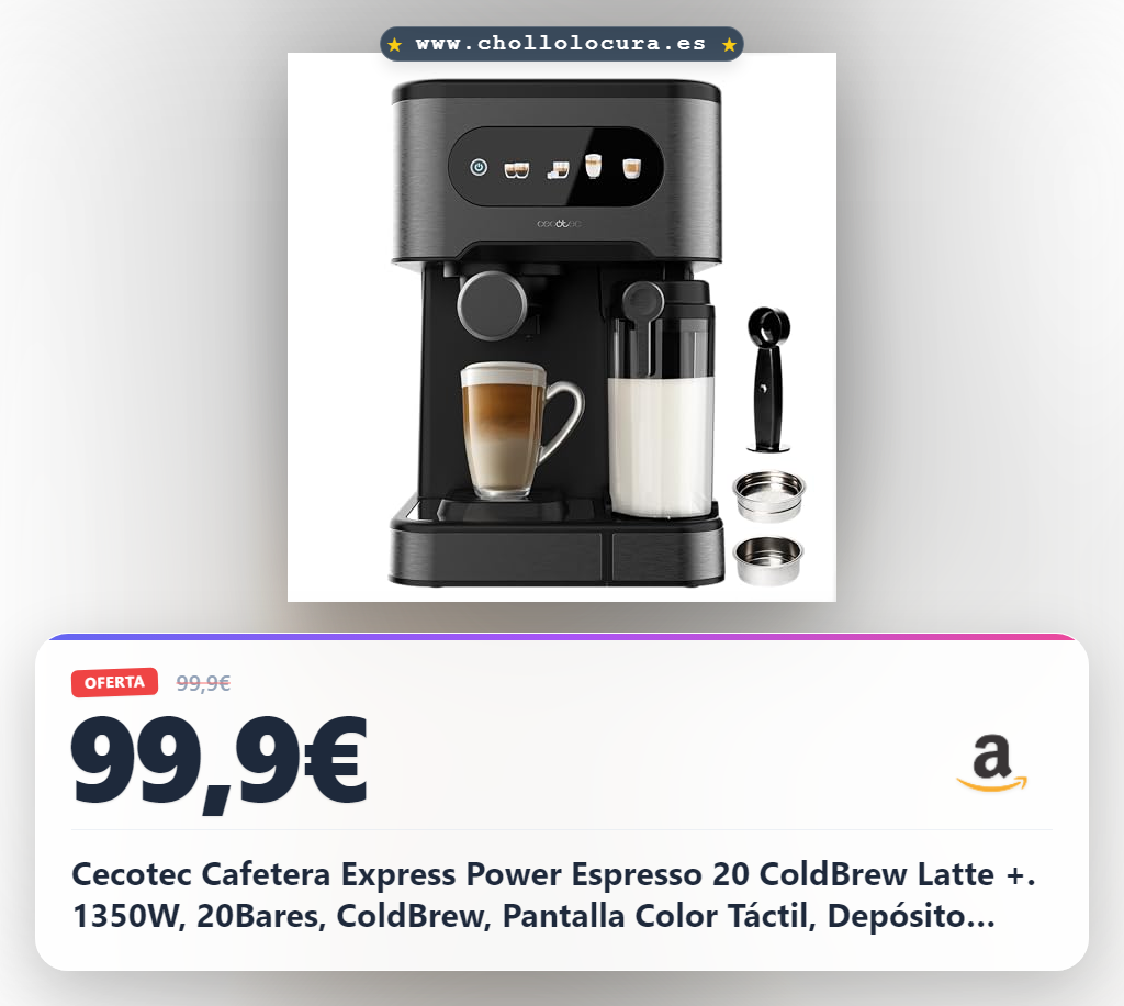 Cecotec Cafetera Express Power Espresso 20 ColdBrew Latte +. 1350W, 20Bares, ColdBrew, Pantalla Color Táctil, Depósito Agua 1.5L, 500ml Leche, Acero Oscuro, Calientatazas, Doble Brazo, Desmontable