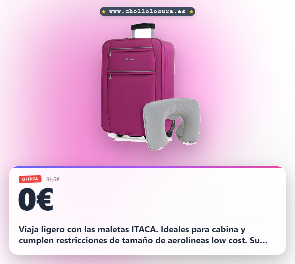 Viaja ligero con las maletas ITACA. Ideales para cabina y cumplen restricciones de tamaño de aerolíneas low cost. Su material EVA es resistente y las ruedas te facilitan el movimiento. Empaca todo lo que necesitas y ahorra dinero en facturas extra.