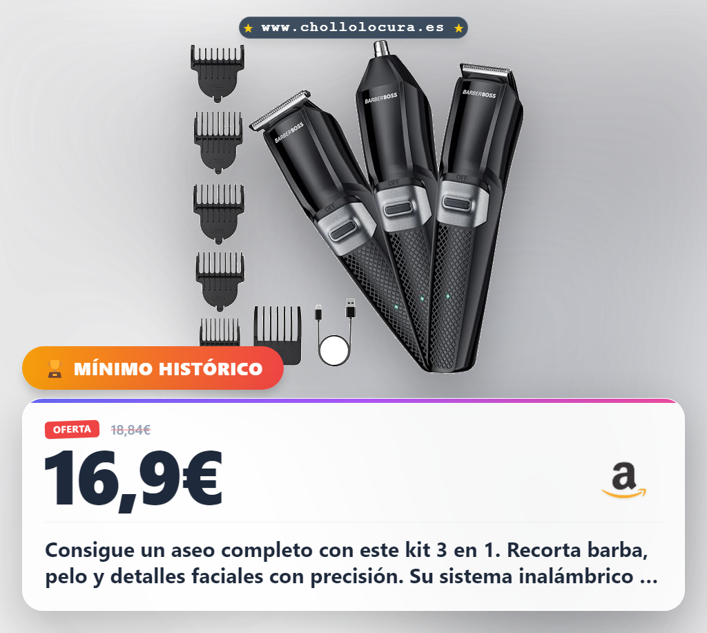 Consigue un aseo completo con este kit 3 en 1. Recorta barba, pelo y detalles faciales con precisión. Su sistema inalámbrico y cuchillas de titanio te ofrecen cortes suaves y uniformes. Es la herramienta esencial para un cuidado diario rápido y profesional.