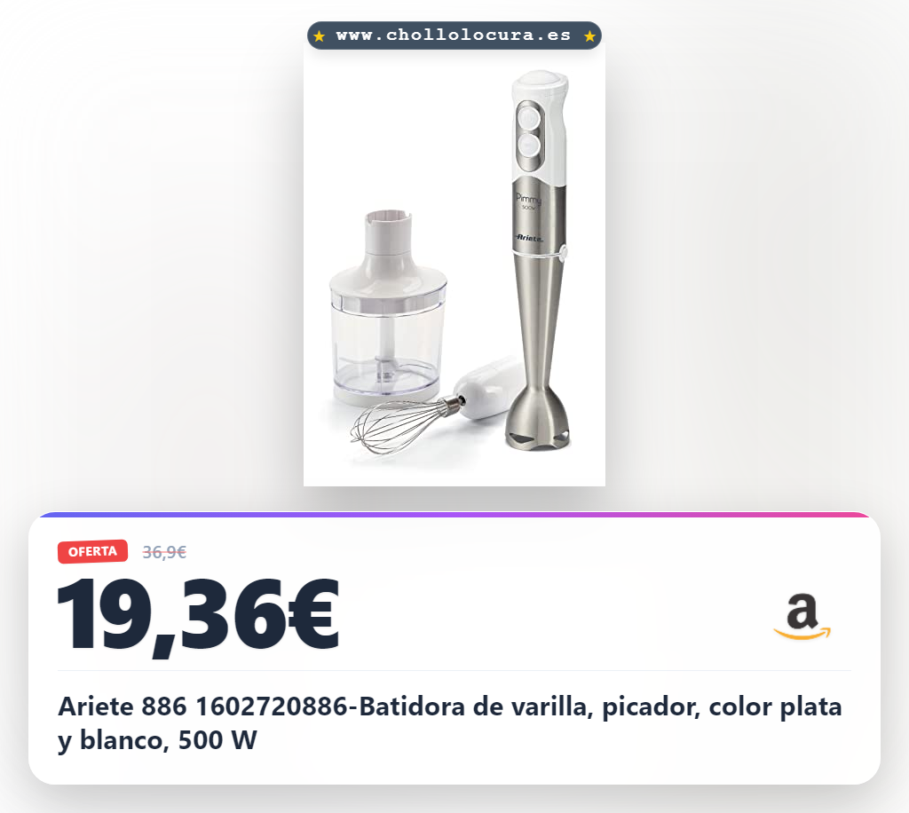 Ariete 886 1602720886-Batidora de varilla, picador, color plata y blanco, 500 W
