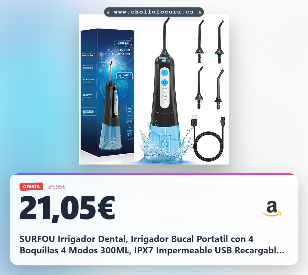 SURFOU Irrigador Dental, Irrigador Bucal Portatil con 4 Boquillas 4 Modos 300ML, IPX7 Impermeable USB Recargable Irrigador Para Viajes y Uso Doméstico