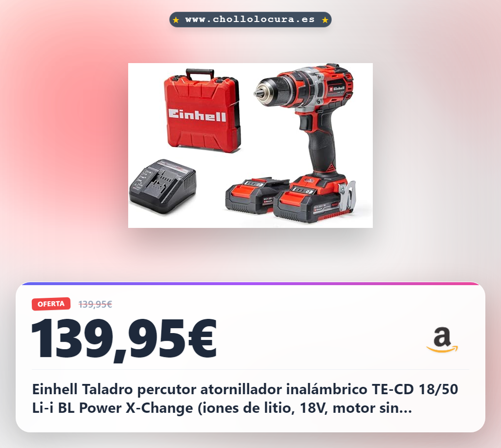 Einhell Taladro percutor atornillador inalámbrico TE-CD 18/50 Li-i BL Power X-Change (iones de litio, 18V, motor sin escobillas, control electrónico del par, 2 baterías 2.0 Ah y cargador) Negro Y Rojo