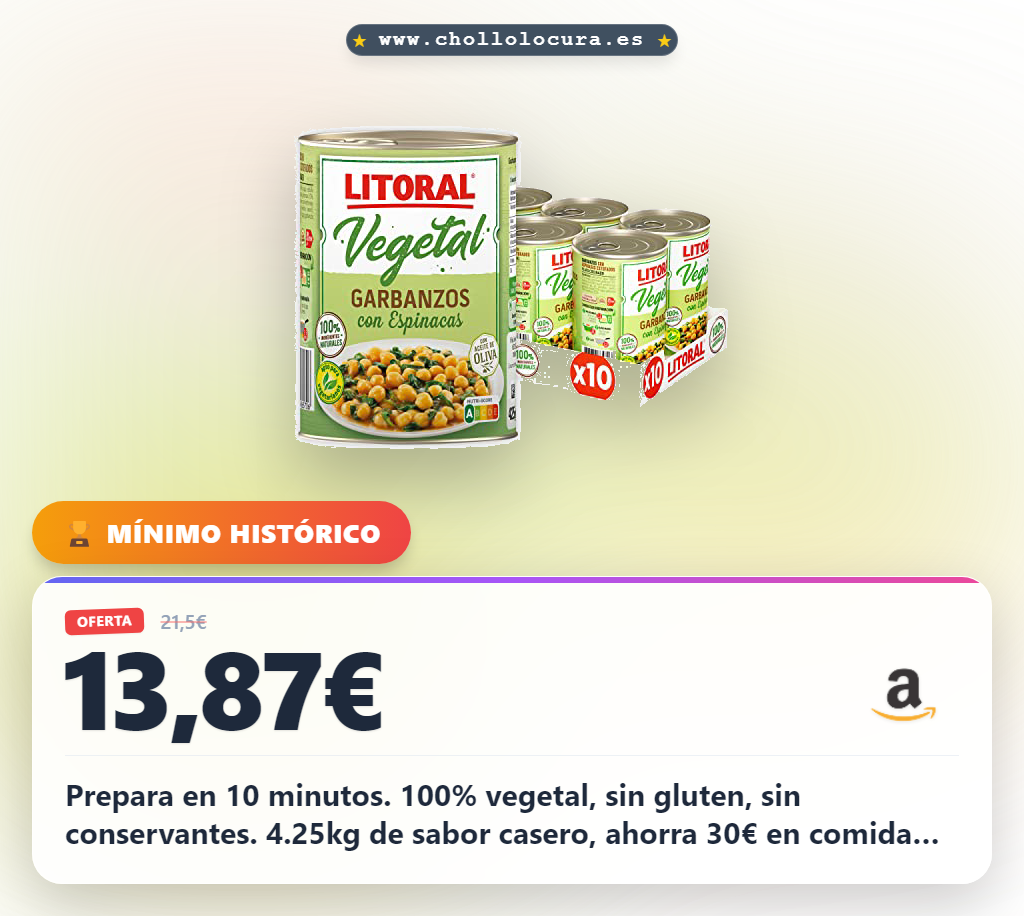 Litoral Vegetal Garbanzos con Espinacas - Plato Preparado Sin Gluten - Pack de 10x425g - Total: 4.25kg