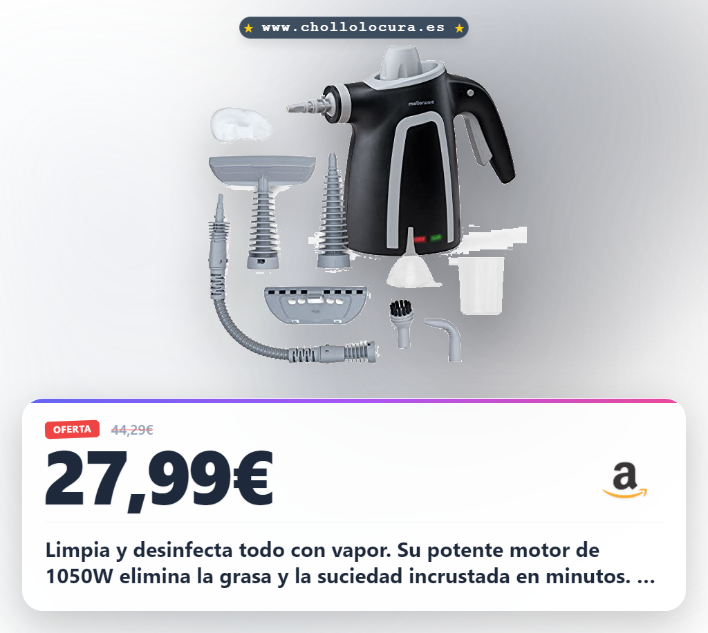 Aprovecha la vaporeta multiusos 1050W con 9 accesorios para desengrasar y desinfectar todo al mejor precio