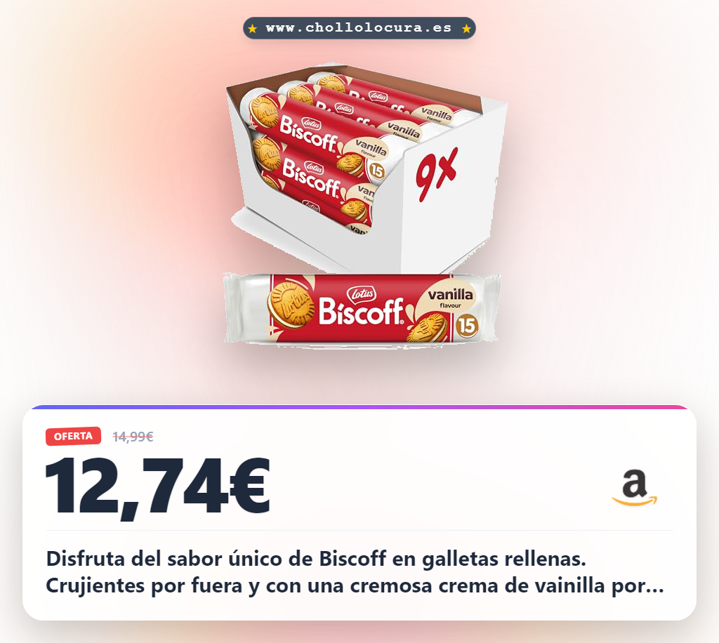 Consigue las galletas Biscoff rellenas de vainilla veganas. Crujientes y cremosas. Aprovecha este pack para compartir al mejor precio.