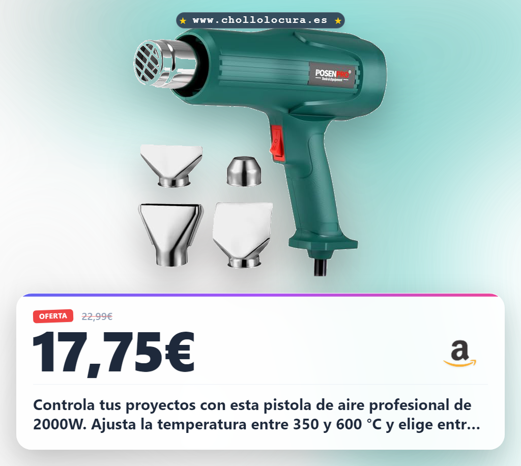 Obtén la pistola de aire caliente profesional POSENPRO 2000W con 600°C y 2 flujos a precio de chollo al mejor valor hoy mismo.