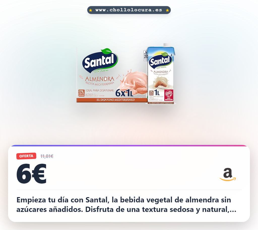Aprovecha la bebida vegetal de almendra Santal sin azúcares añadidos en oferta histórica. Pack de 6 litros al mejor precio.
