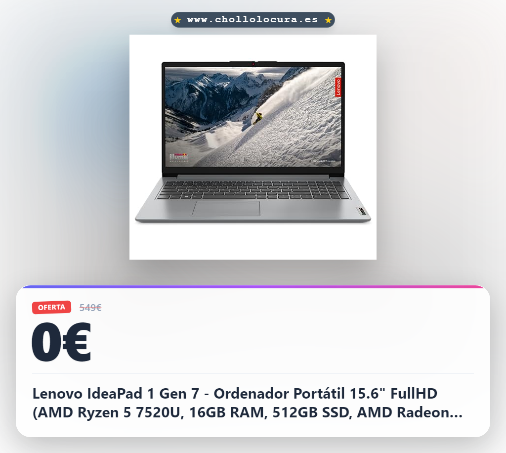 Lenovo IdeaPad 1 Gen 7 - Ordenador Portátil 15.6" FullHD (AMD Ryzen 5 7520U, 16GB RAM, 512GB SSD, AMD Radeon 610M Graphics, Sin Sistema Operativo) Gris - Teclado QWERTY Español