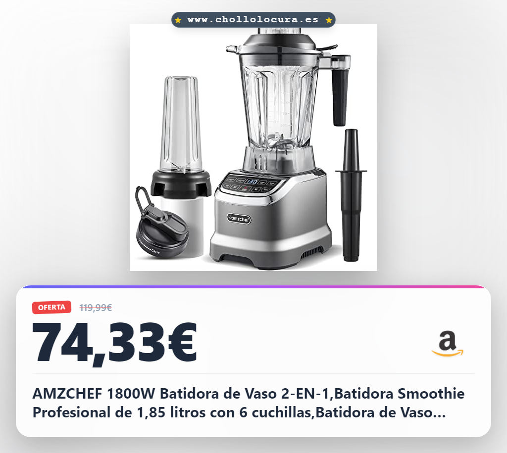 AMZCHEF 1800W Batidora de Vaso 2-EN-1,Batidora Smoothie Profesional de 1,85 litros con 6 cuchillas,Batidora de Vaso Individual 600ml BPA de 1,85L y 600ml para 2 Modos de Mezcla