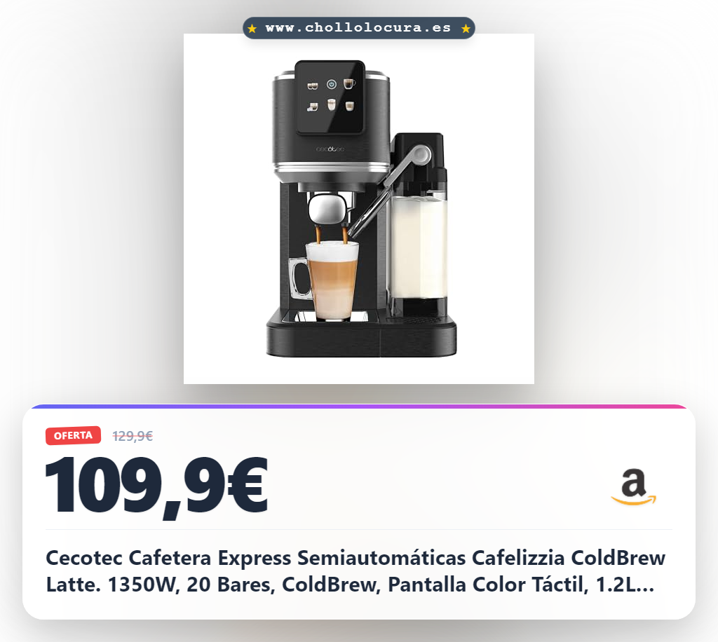Cecotec Cafetera Express Semiautomáticas Cafelizzia ColdBrew Latte. 1350W, 20 Bares, ColdBrew, Pantalla Color Táctil, 1.2L Depósito de Agua y 1000ml Leche, Calientatazas, Doble Brazo, Desmontable