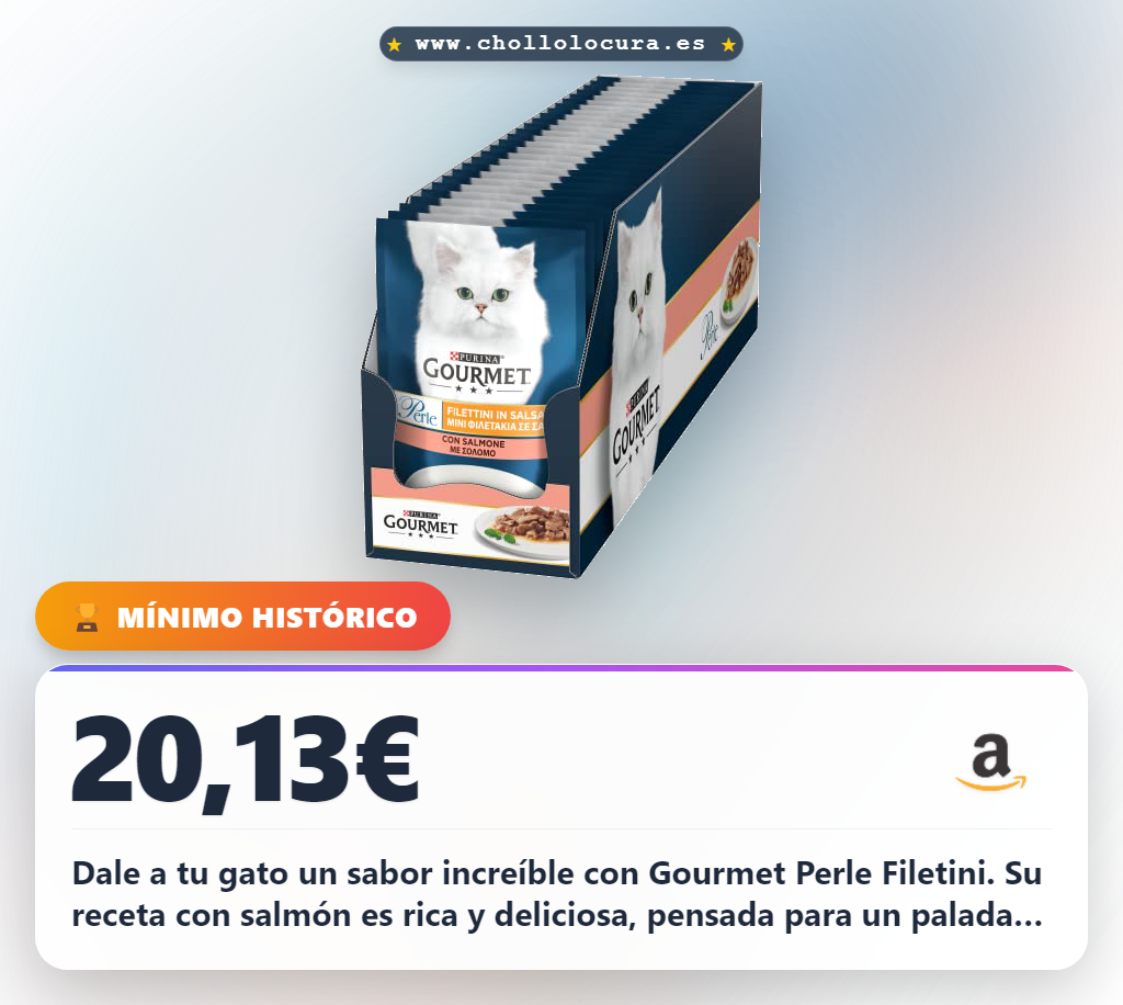 Aprovecha Gourmet Perle Filetini, alimento húmedo para gatos adultos con salmón y sin colorantes.
