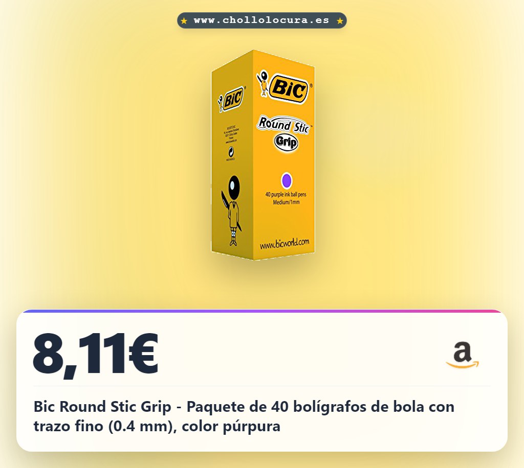 Bic Round Stic Grip - Paquete de 40 bolígrafos de bola con trazo fino (0.4 mm), color púrpura
