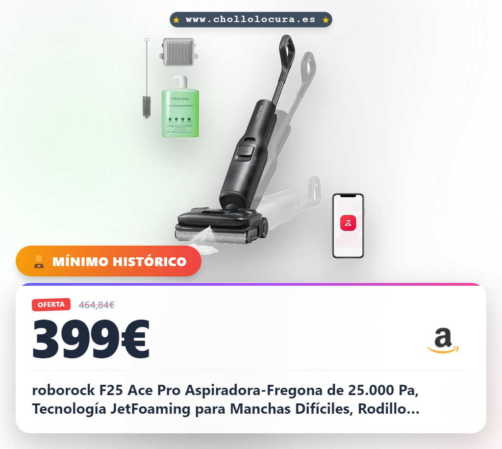 roborock F25 Ace Pro Aspiradora-Fregona de 25.000 Pa, Tecnología JetFoaming para Manchas Difíciles, Rodillo Antienredos para Pelo de Mascotas, Diseño Plano 180°, Autolimpieza Alta Temperatura, 60 min