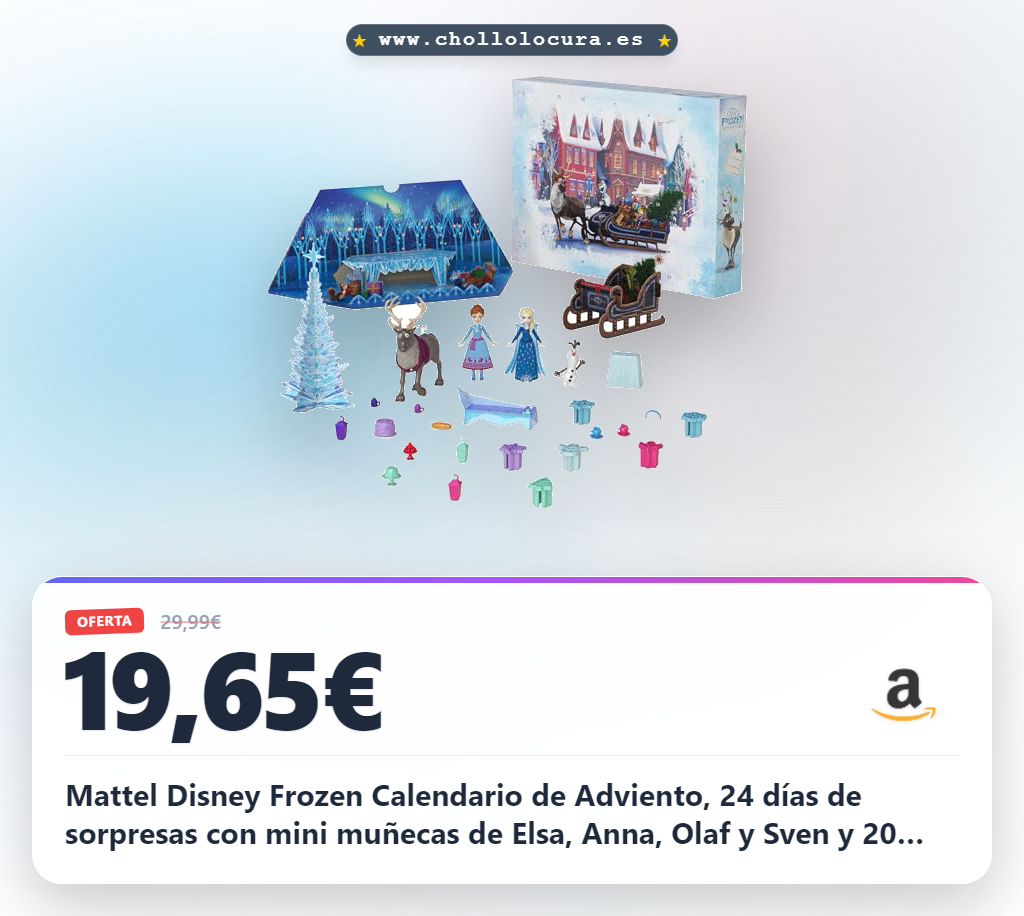 Mattel Disney Frozen Calendario de Adviento, 24 días de sorpresas con mini muñecas de Elsa, Anna, Olaf y Sven y 20 regalos, juguete regalo para niños y niñas +3 años, HWX20