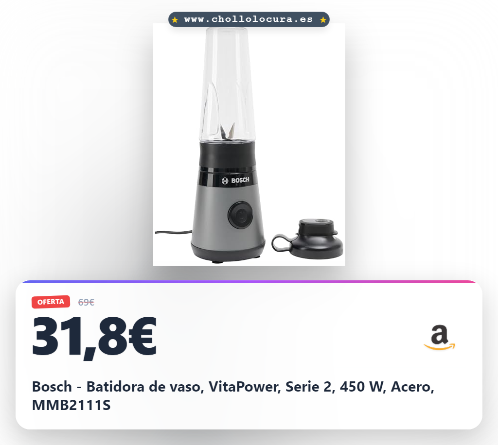 Bosch - Batidora de vaso, VitaPower, Serie 2, 450 W, Acero, MMB2111S