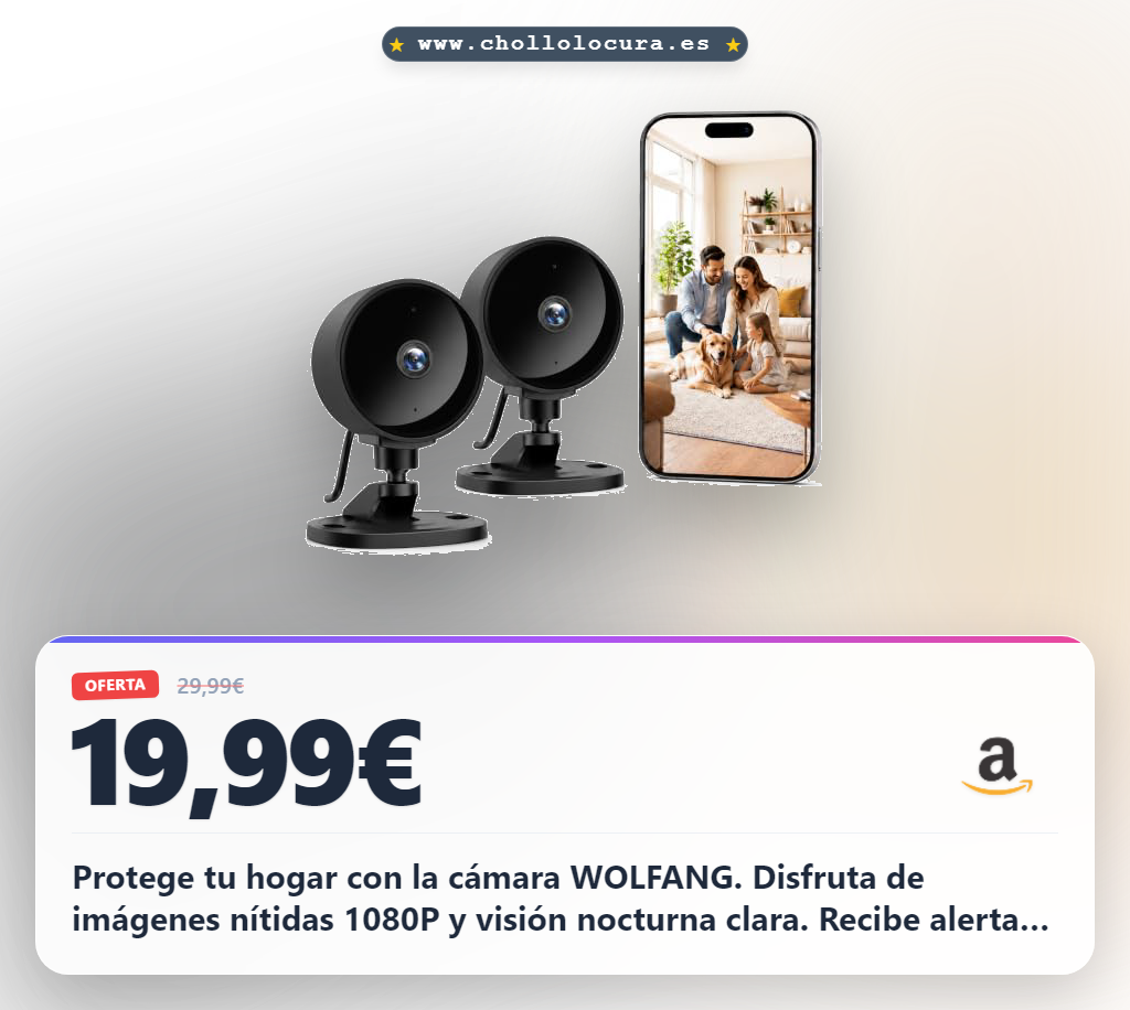 Consigue cámara WOLFANG 1080P WiFi con visión nocturna y audio bidireccional.