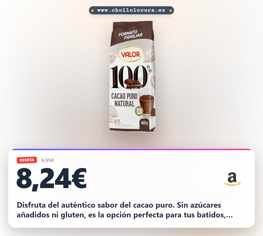 Aprovecha el cacao puro Valor 100% natural sin azúcares y sin gluten. Consigue el formato de 460g para todas tus recetas.