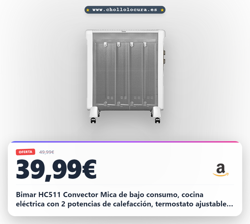 Bimar HC511 Convector Mica de bajo consumo, cocina eléctrica con 2 potencias de calefacción, termostato ajustable, silencioso y transportable