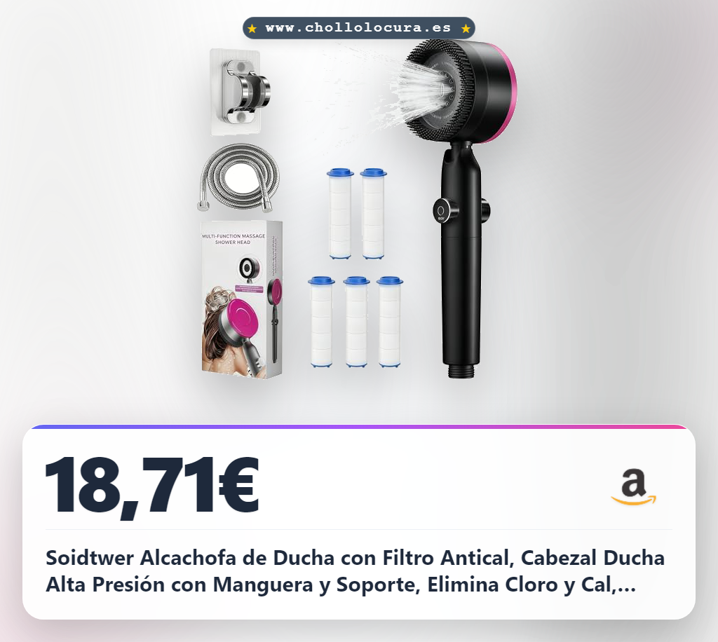 Llévate la Alcachofa de Ducha Soidtwer con Filtro Antical y Alta Presión a precio de chollo para eliminar cloro y cal.