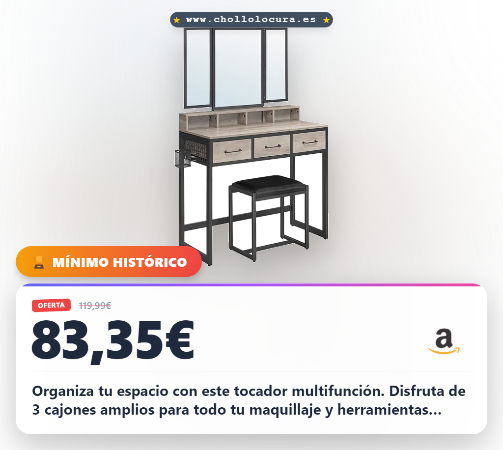 Consigue tocador cosmético con espejo plegable y 3 cajones diseño industrial al mejor precio en oferta