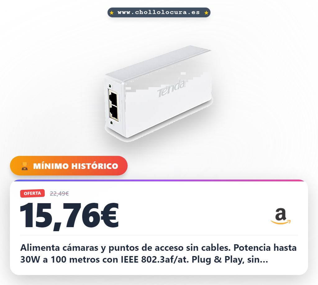 Tenda PoE30G-AT PoE Inyector, Adaptador, Alimentador, 2 Puertos Gigabit RJ45, IEEE 802.3af / at, Plug and Play, Proporciona Energía hasta 100 Metros, 30W, 51V, Blanco