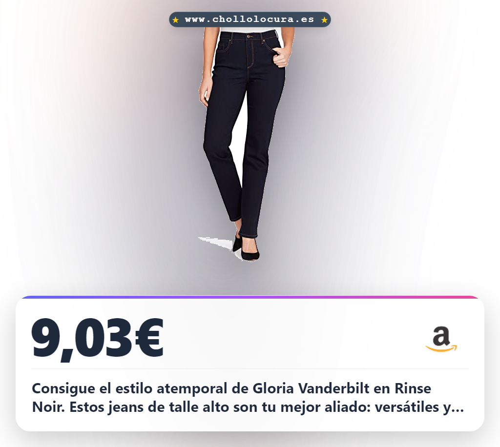 Consigue el estilo atemporal de Gloria Vanderbilt en Rinse Noir. Estos jeans de talle alto son tu mejor aliado: versátiles y perfectos para cualquier look. ¡Aprovecha este chollo antes de que se agoten!