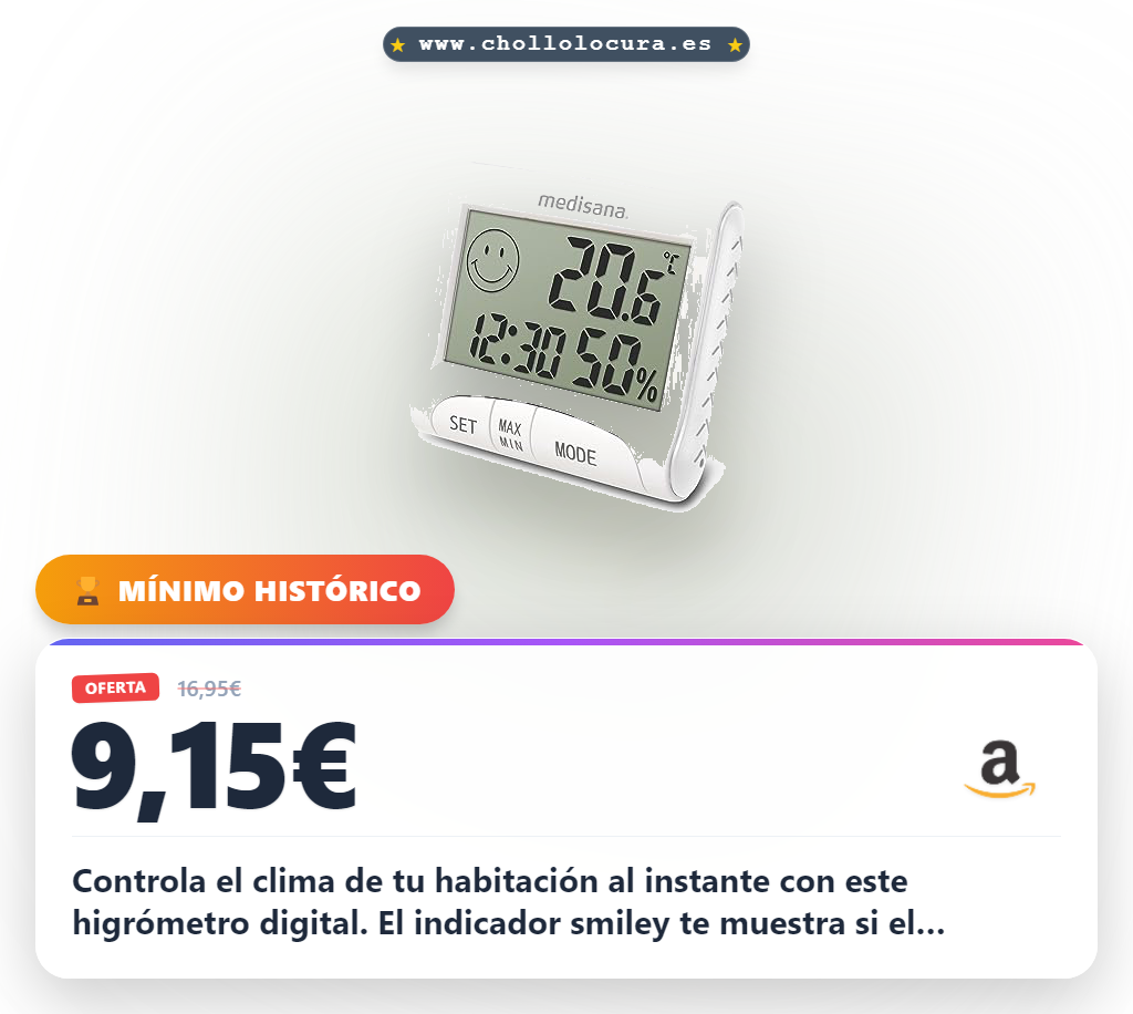 Controla el clima de tu habitación al instante con este higrómetro digital. El indicador smiley te muestra si el ambiente es óptimo y saludable. Fácile de colgar, tiene alarma y memoria para que siempre estés informado sobre la calidad del aire.