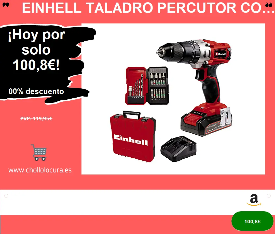 Einhell Taladro percutor con batería TE-CD 18/2 Li +22 (1x2,5 Ah) PXC (iones de Li, 18 V, 44 Nm, engranaje de 2 veloc., incl. batería de 2,5 Ah, cargador rápido, caja de puntas de 22 piezas y maletín)