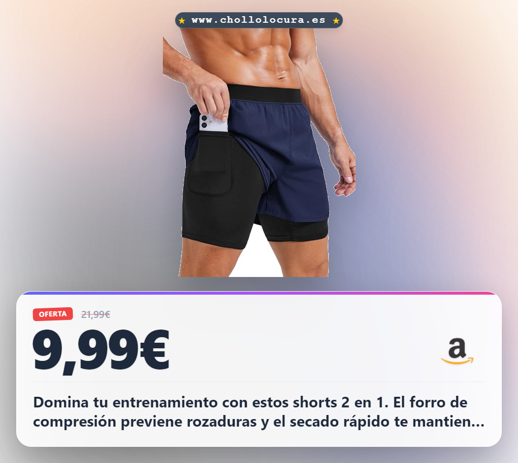 Aprovecha estos shorts de running 2 en 1 para hombre. Transpirables, forro de compresión y bolsillos. Secado rápido y bandas reflectantes.