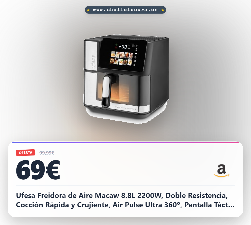 Ufesa Freidora de Aire Macaw 8.8L 2200W, Doble Resistencia, Cocción Rápida y Crujiente, Air Pulse Ultra 360º, Pantalla Táctil Digital con 10 Programas, Ventana con Luz, Incluye Bandeja Antiadherente