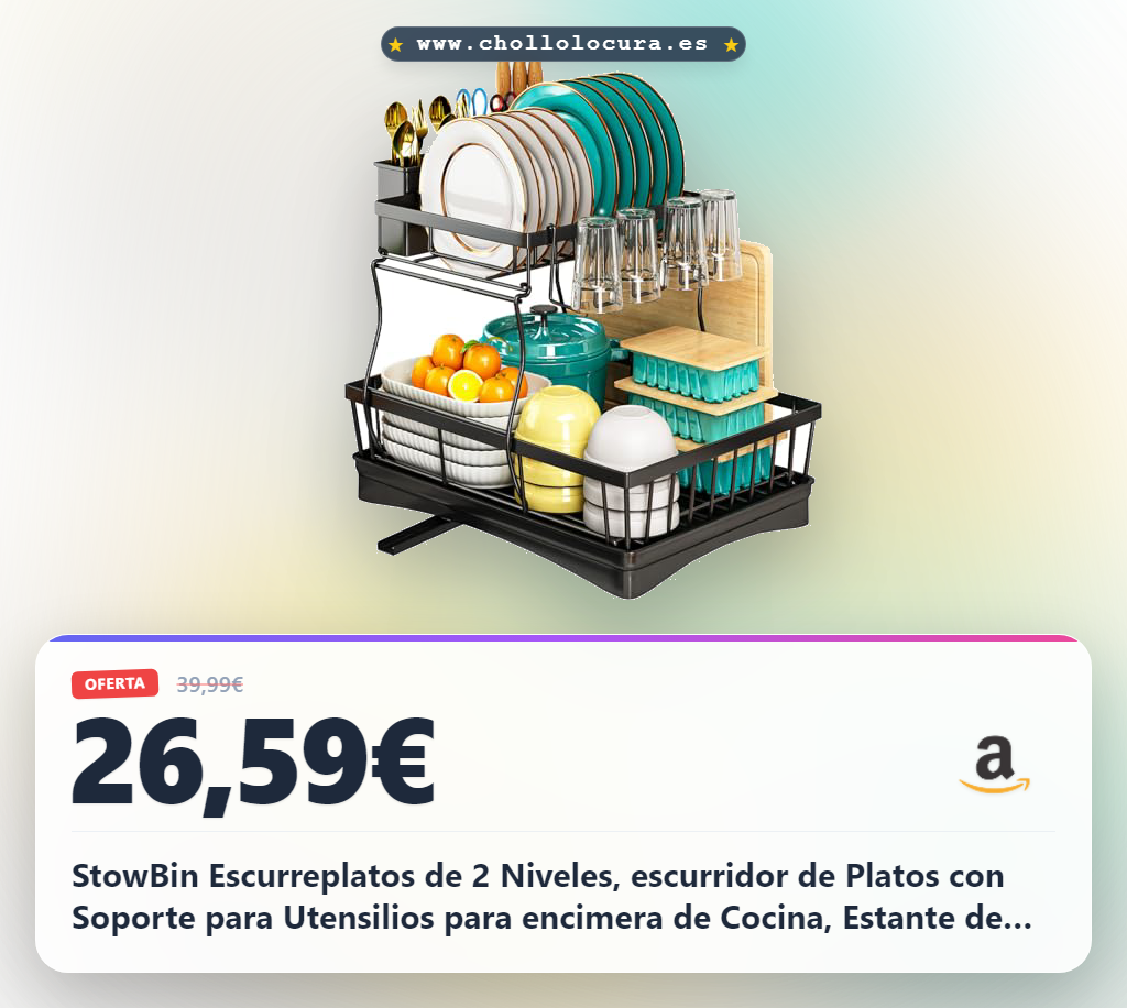StowBin Escurreplatos de 2 Niveles, escurridor de Platos con Soporte para Utensilios para encimera de Cocina, Estante de Secado de Platos de Gran Capacidad Que Ahorra Espacio con Tabla de Drenaje