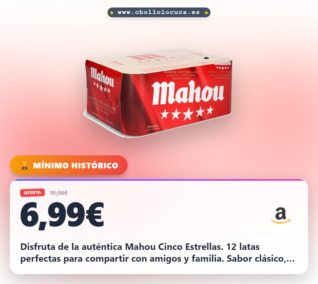 Aprovecha el pack de 12 latas Mahou Cinco Estrellas al mejor precio para disfrutar del sabor clásico