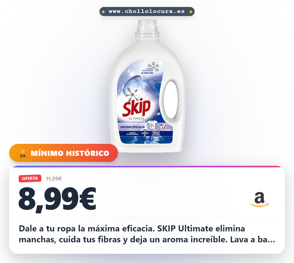 Encuentra el detergente líquido SKIP Ultimate: máxima eficacia para ciclos cortos y fragancia duradera en oferta