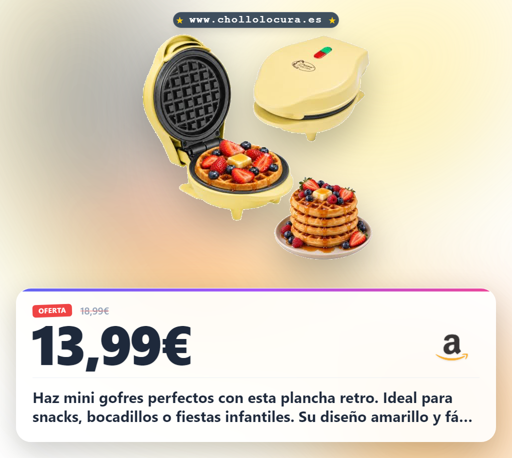 Consigue esta plancha de mini gofres retro amarilla de 550 W al mejor precio para snacks y niños