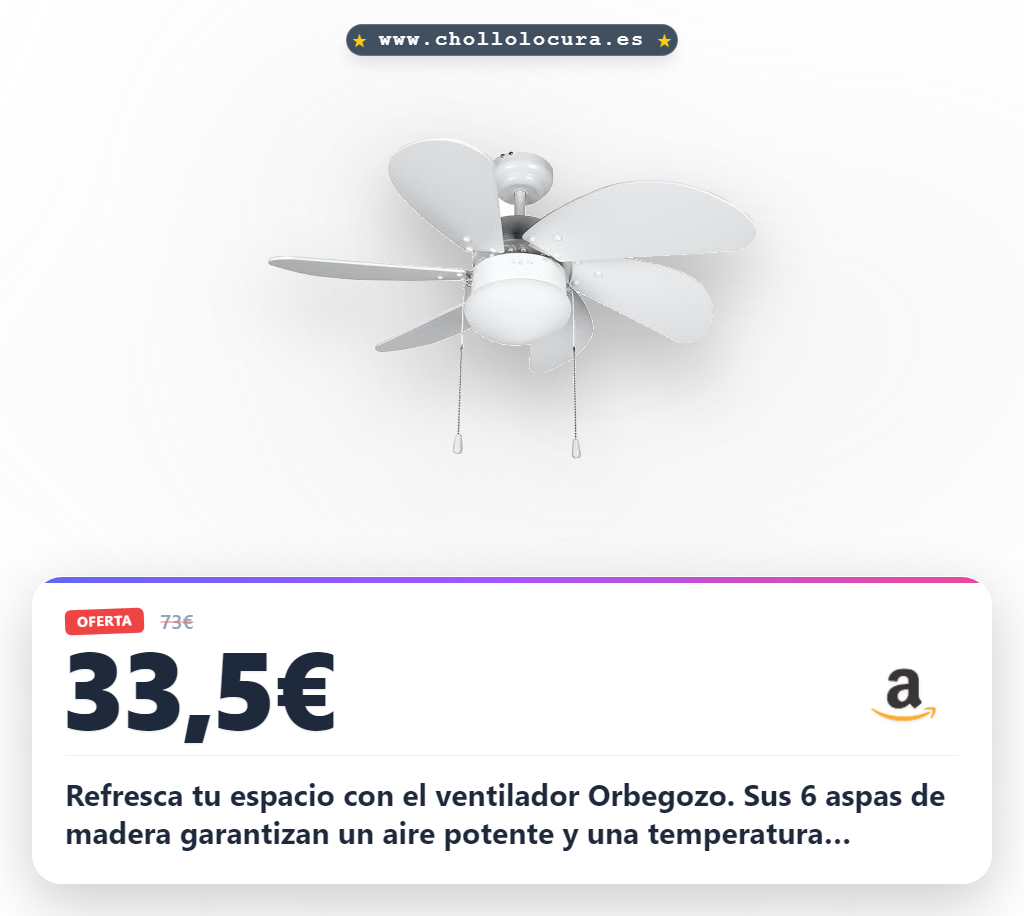 Aprovecha el ventilador de techo Orbegozo CP 15076 B con luz y 6 aspas de madera silencioso a precio de chollo