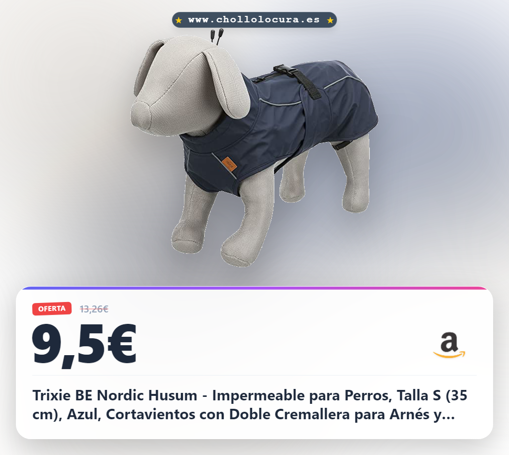 Trixie BE Nordic Husum - Impermeable para Perros, Talla S (35 cm), Azul, Cortavientos con Doble Cremallera para Arnés y Collar, Cuello Alto Ajustable y Detalles Reflectantes