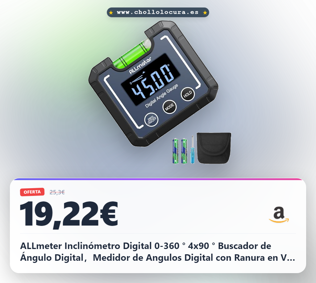 Aprovecha el inclinómetro digital 0-360° con base magnética y alta precisión para construcción.