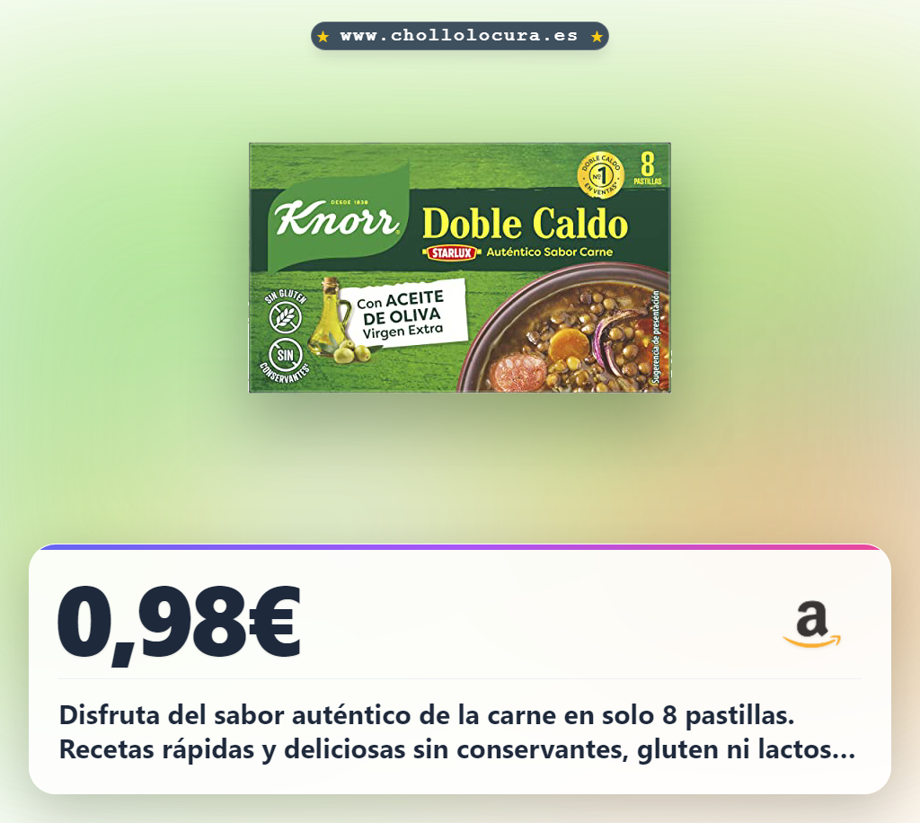 Aprovecha el sabor auténtico del Knorr Doble Caldo en pastilla de carne. 8 pastillas sin conservantes, sin gluten y sin lactosa.