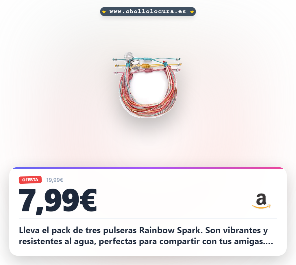 Lleva el pack de tres pulseras Rainbow Spark. Son vibrantes y resistentes al agua, perfectas para compartir con tus amigas. Úsalas juntas o solas para un look increíble. Incluye un estuche genial para guardar tus joyas y llevarlas siempre contigo.