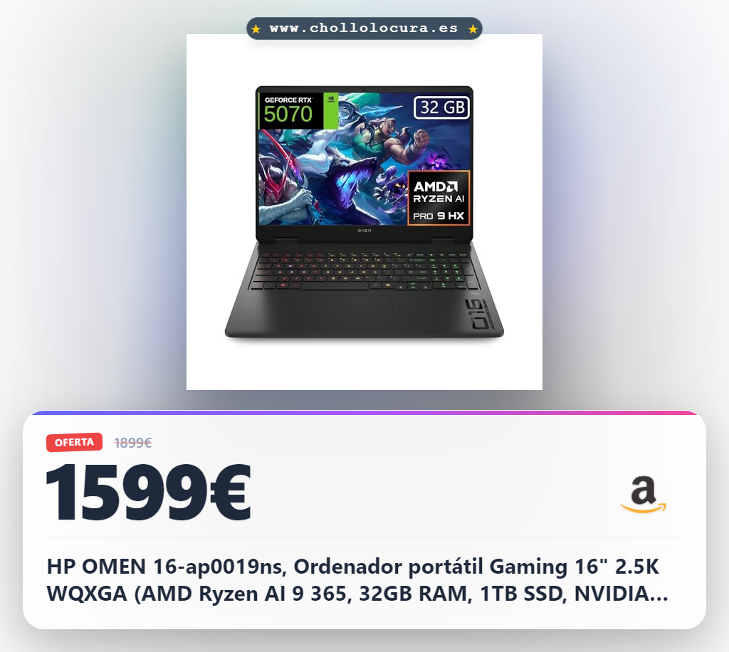 ¡Ordenador portátil gaming HP OMEN 16 con AMD Ryzen AI 9 365 y RTX 5070! - Pantalla 2.5K, 32GB RAM, 1TB SSD, FreeDOS - Negro