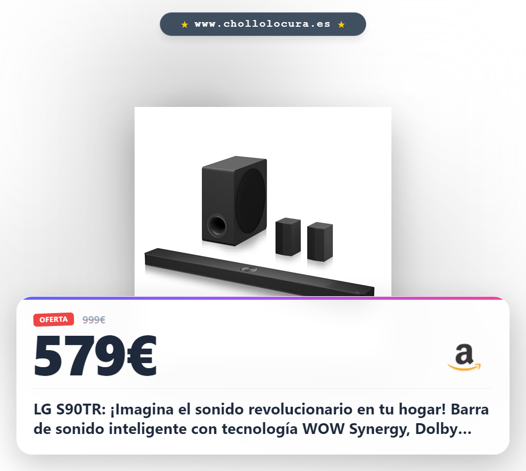 LG S90TR: ¡Imagina el sonido revolucionario en tu hogar! Barra de sonido inteligente con tecnología WOW Synergy, Dolby Atmos y DTS:X, 7.1.3 canales y potencia omnidireccional de 670W.