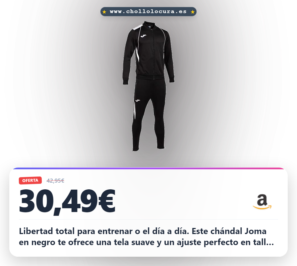 Aprovecha este chándal Joma hombre negro con chaqueta y pantalón largo. Comodidad y libertad de movimiento al mejor precio del año.