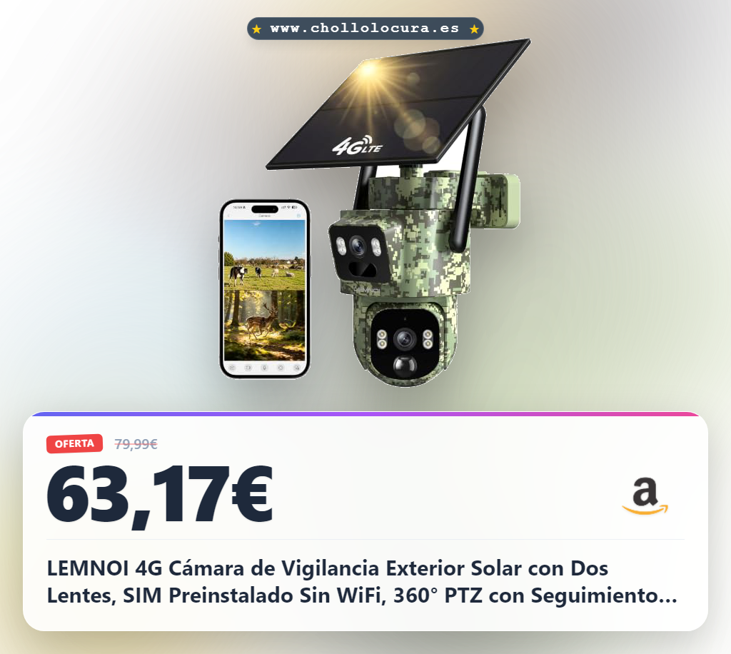 LEMNOI 4G Cámara de Vigilancia Exterior Solar con Dos Lentes, SIM Preinstalado Sin WiFi, 360° PTZ con Seguimiento Humano, Detección de Movimiento, 2K Visión Nocturna, Audio Bidireccional, IP66