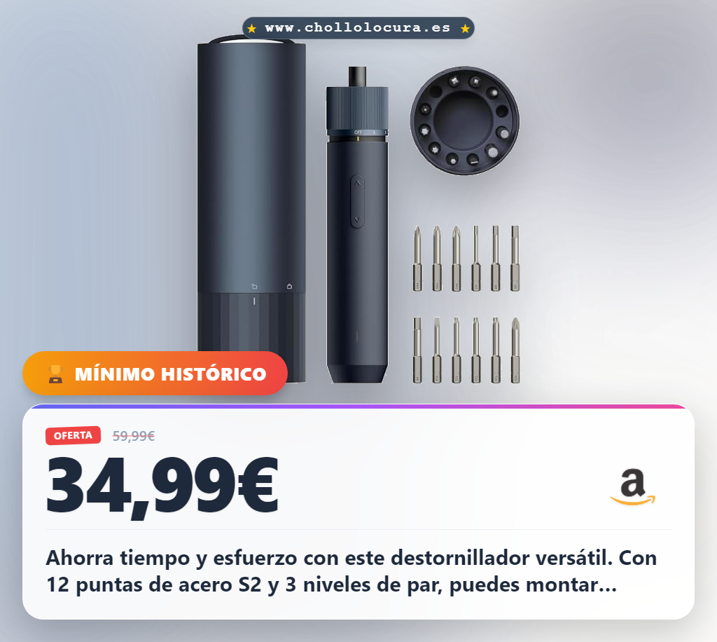 Consigue el destornillador eléctrico HOTO con 12 puntas de acero S2 y luz LED para reparaciones y montajes.