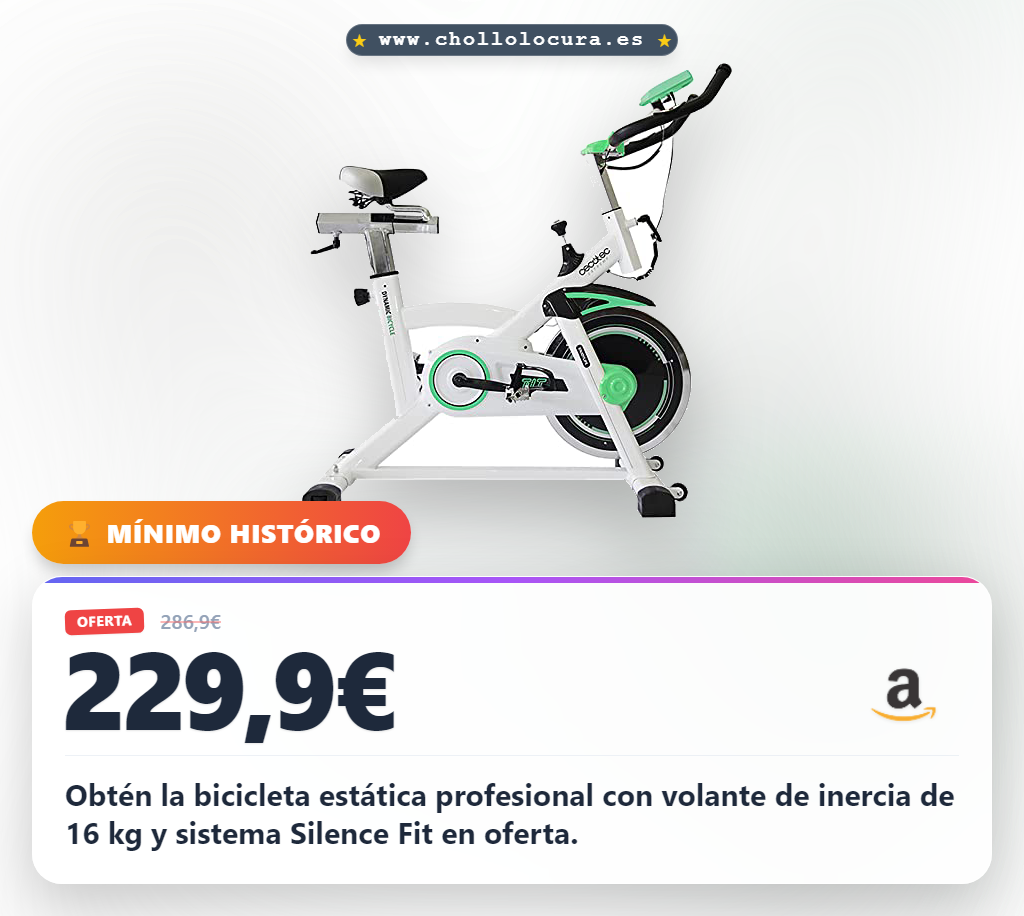 Obtén la bicicleta estática profesional con volante de inercia de 16 kg y sistema Silence Fit en oferta.