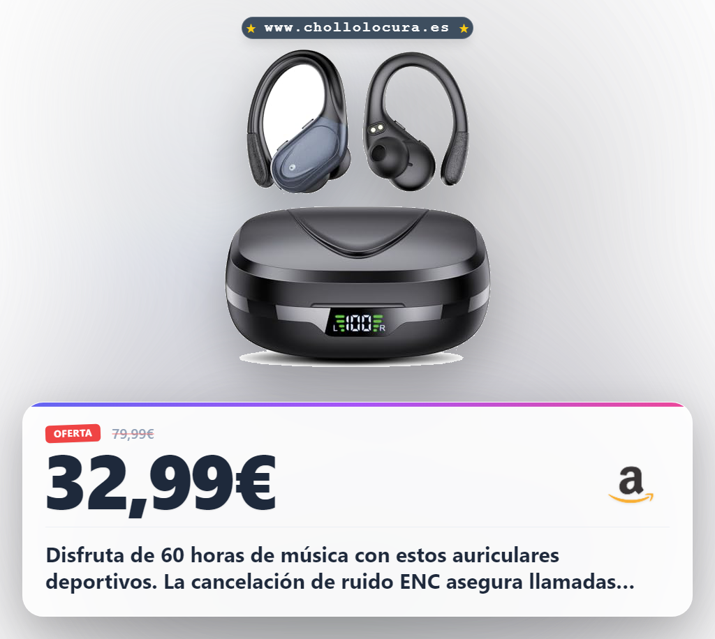 Consigue auriculares deportivos Bluetooth 5.3 con cancelación de ruido IPX7 y 60h de batería al mejor precio
