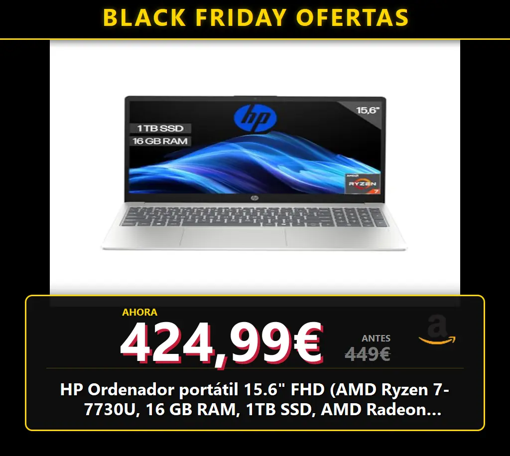 ¡Oferta HP Ordenador portátil 15.6 FHD Ryzen 7 7730U, 16 GB RAM, 1 TB SSD, AMD Radeon, Sin SO!