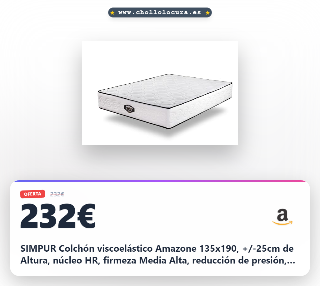 SIMPUR Colchón viscoelástico Amazone 135x190, +/-25cm de Altura, núcleo HR, firmeza Media Alta, reducción de presión, Acolchado Premium y diseño Elegante, Fabricado en España